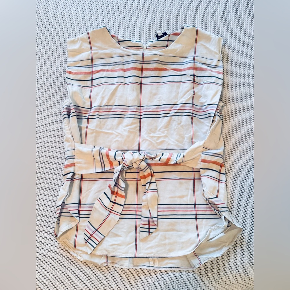 HABITUAL Nell Top White Red Navy Blue Tartan Plaid Striped Blouse w Tie Waist - Picture 7 of 16